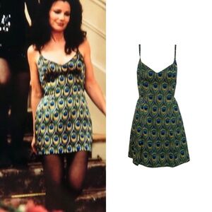 1990s Silk Peacock Print Mini Dress As Seen On Fran Fine in The Nanny